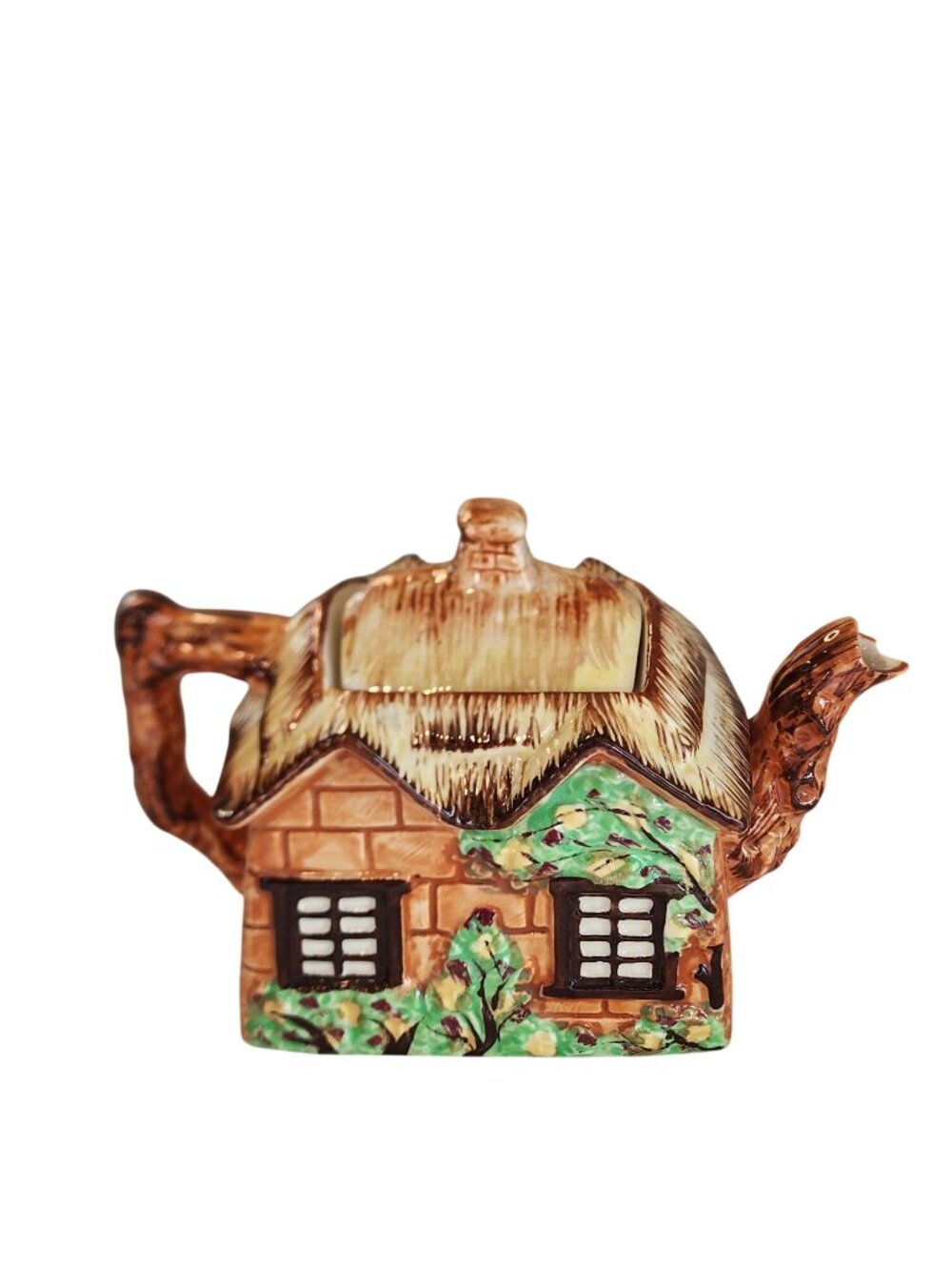 Occupied Japan Cottage House Teapot Vintage Ceramic Thatched Roof Teapot 1945-52